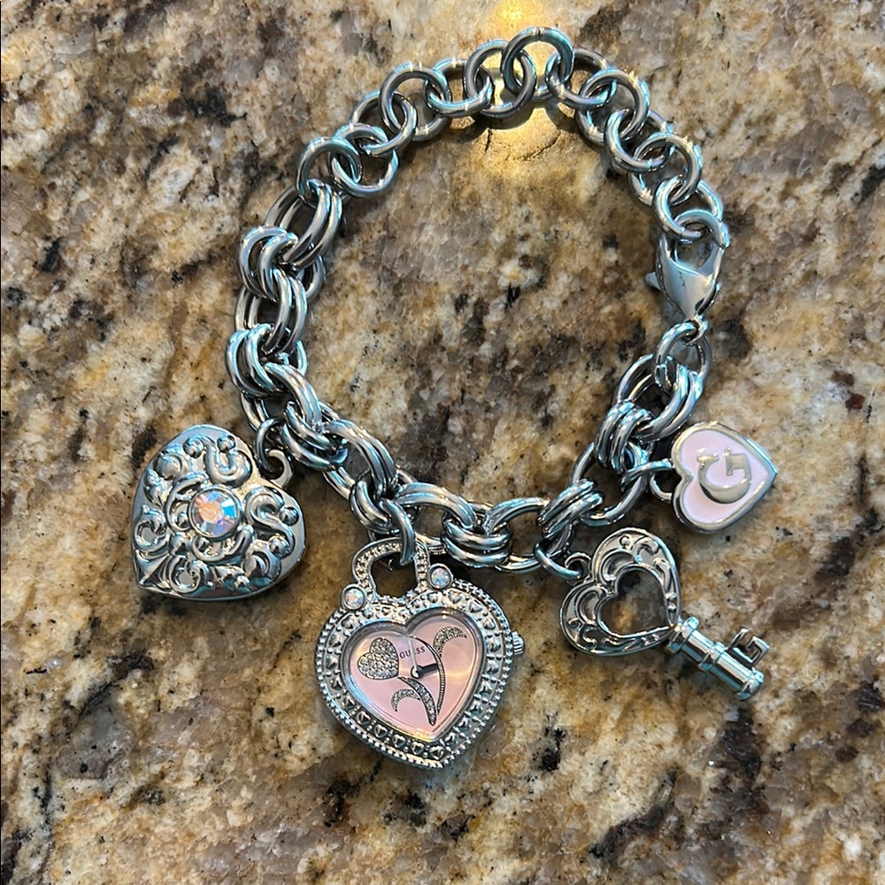 Vintage Guess Silver and Pink Watch Charm Bracelet